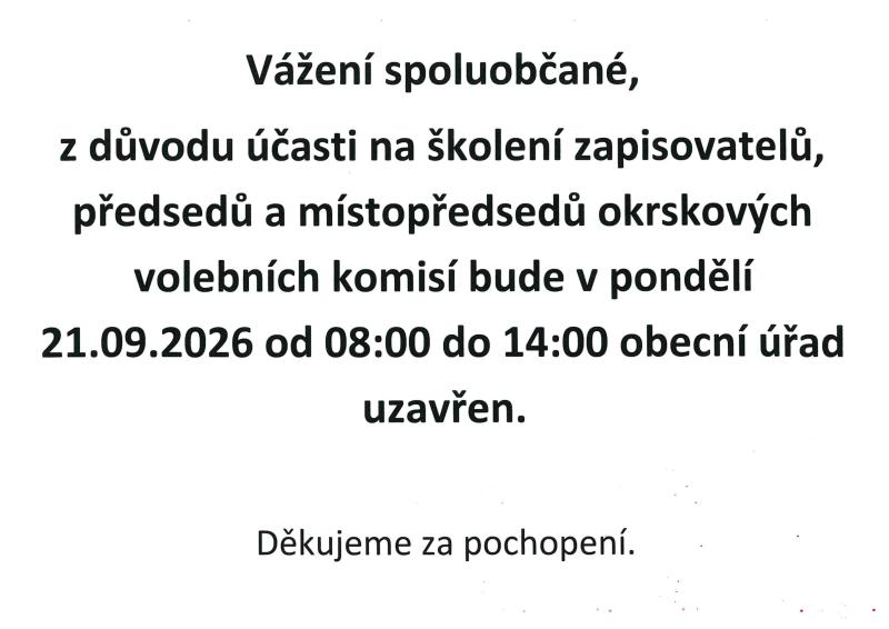 Uzavření obecního úřadu dne 21.09.2026